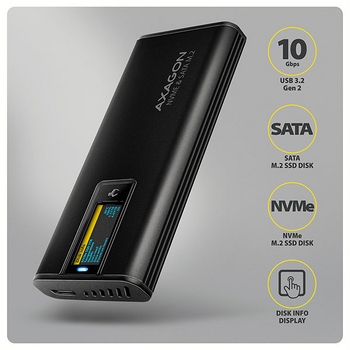 Ext case U3C-to-M.2 Sata/NVMe,AXAGON EEM2-SD2B,LCD